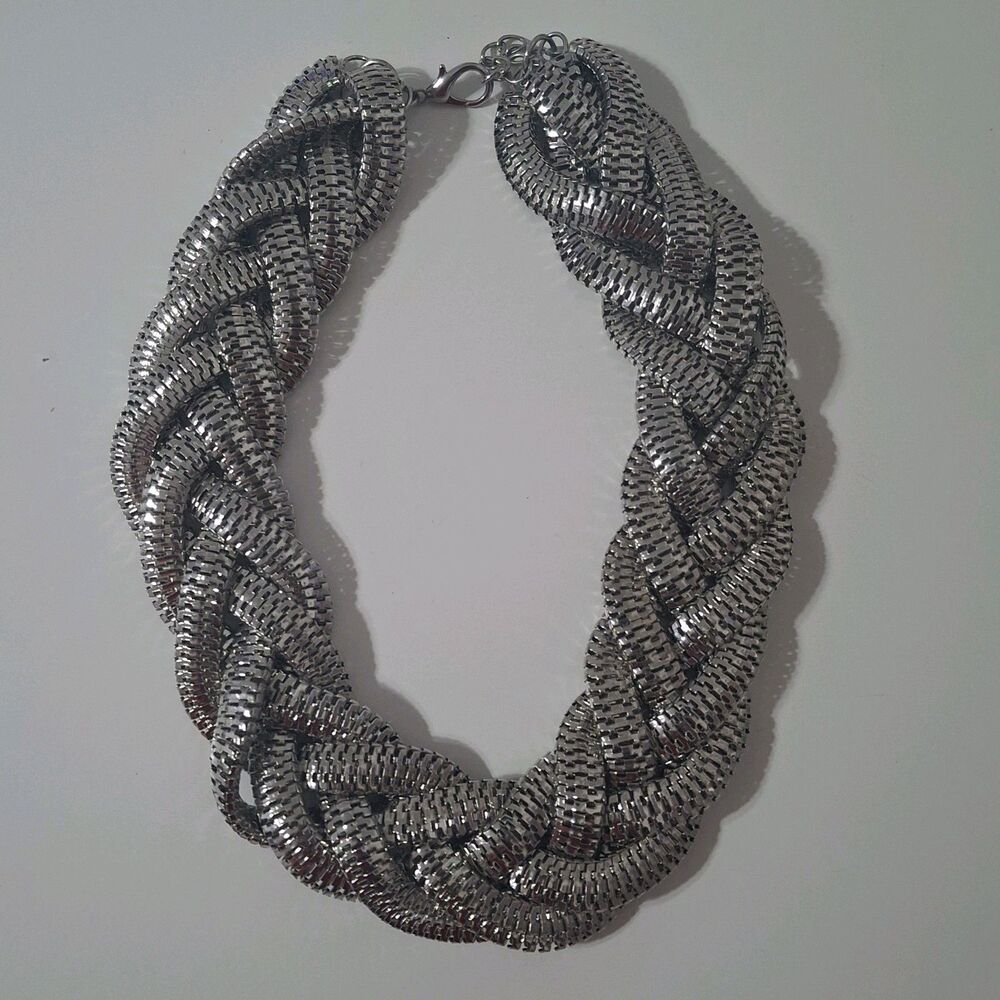 Sliver Tone Woven Layered Snake Chain Adjustable Statement Necklace